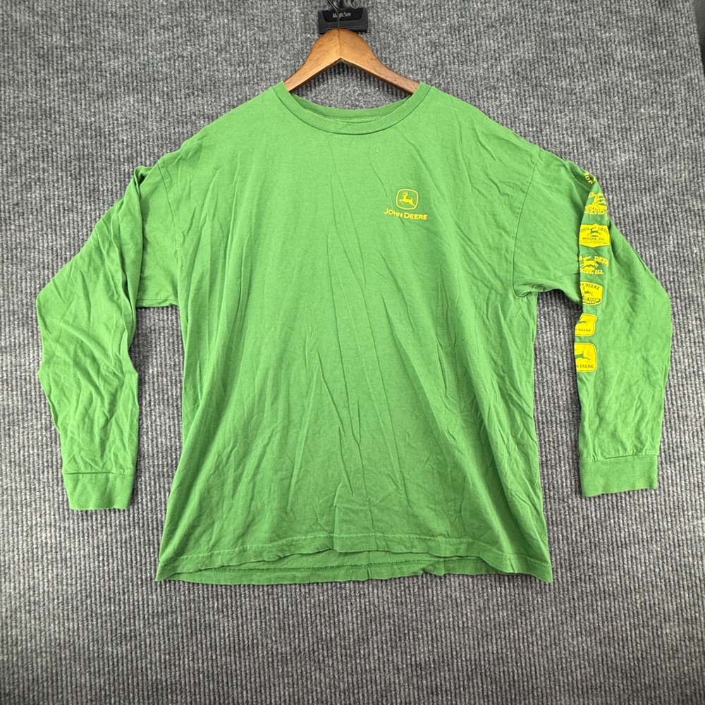 John Deere Long Sleeve T-Shirt Mens XL Green Excellent Graphic Sleeve Logo